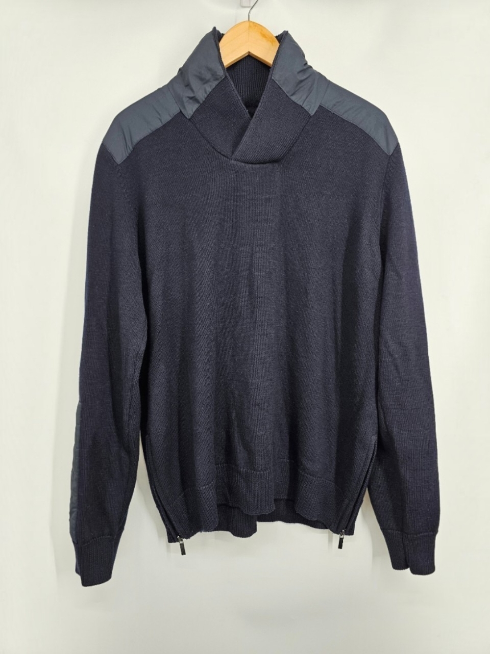 Kenneth Cole Black Label Navy Wool Mixed Media Hooded Sweater L